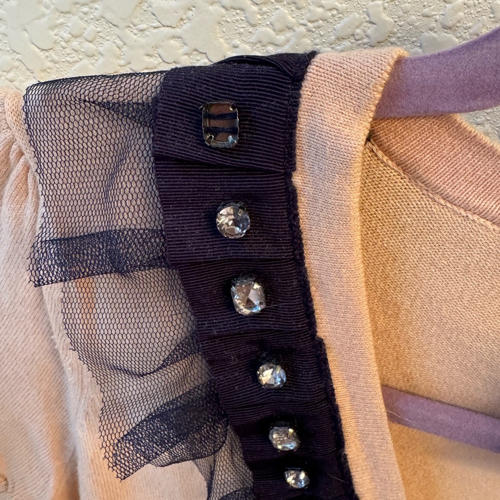 Short sleeve sweater top, pink/navy blue ruffle, rhinestones, size small - Picture 3 of 7